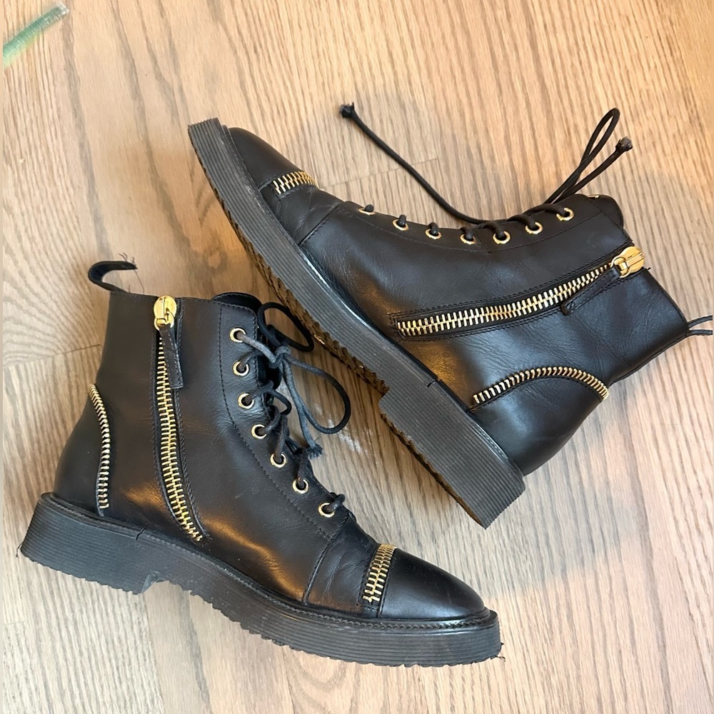 Giuseppe Zanotti Hilary Black Leather Lace Up Moto Double Zipper Combat Boots
